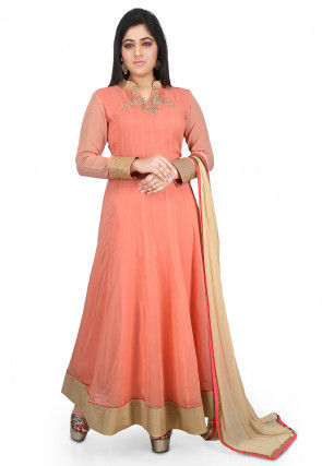 Plain Georgette Abaya Style Suit in Light Peach