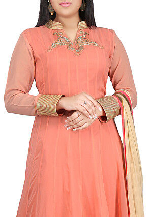 Plain Georgette Abaya Style Suit in Light Peach