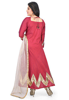 Plain Cotton Silk Flared Suit in Coral