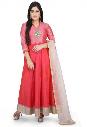 Plain Cotton Silk Abaya Style Suit in Fuchsia and Coral