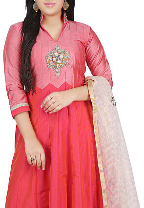 Plain Cotton Silk Abaya Style Suit in Fuchsia and Coral