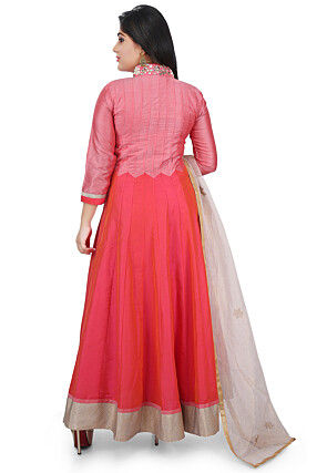 Plain Cotton Silk Abaya Style Suit in Fuchsia and Coral