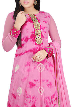 Printed Georgette Abaya Style Suit in Pink