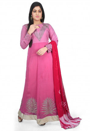 Embroidered Georgette Abaya Style Suit in Pink