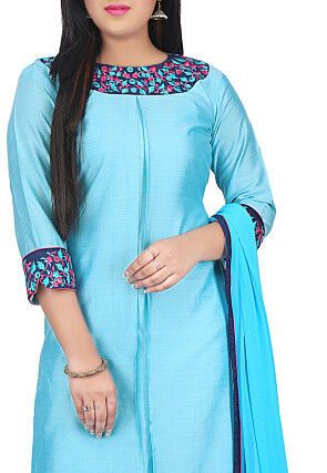 Plain Cotton Silk Straight Suit in Sky Blue
