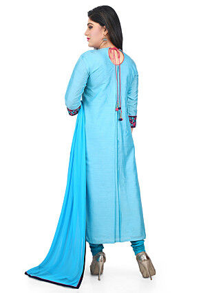 Plain Cotton Silk Straight Suit in Sky Blue