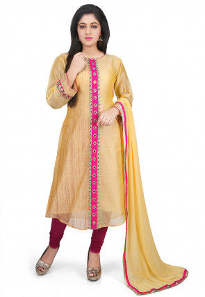 Contrast Placket Chanderi Cotton Straight Suit in Yellow