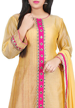 Contrast Placket Chanderi Cotton Straight Suit in Yellow