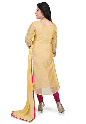 Contrast Placket Chanderi Cotton Straight Suit in Yellow
