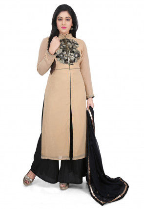 Hand Embroidered Georgette Front Slit Pakistani Suit in Beige