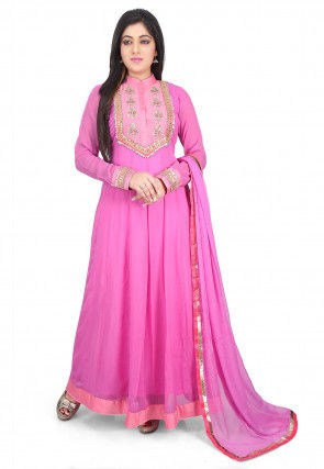 Hand Embroidered Georgette Abaya Style Suit in Pink
