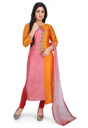 Embroidered Placket Cotton Silk Straight Suit in Pink