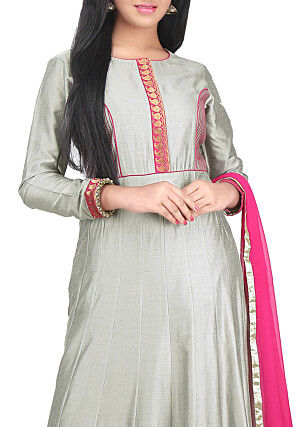 Embroidered Border Cotton Silk Abaya Style Suit in Grey