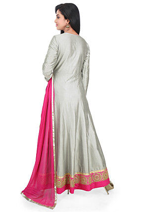 Embroidered Border Cotton Silk Abaya Style Suit in Grey