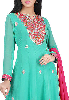 Hand Embroidered Georgette Abaya Style Suit in Sea Green
