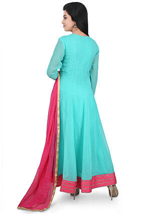 Hand Embroidered Georgette Abaya Style Suit in Sea Green