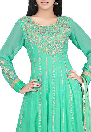 Hand Embroidered Georgette Abaya Style Suit in Sea Green