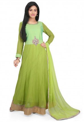 Hand Embroidered Georgette Abaya Style Suit in Light Green