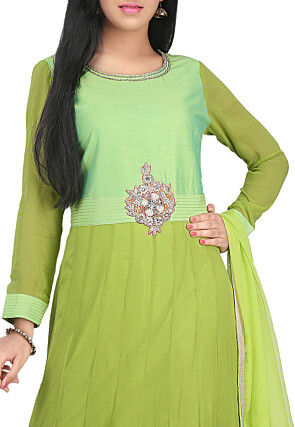 Hand Embroidered Georgette Abaya Style Suit in Light Green
