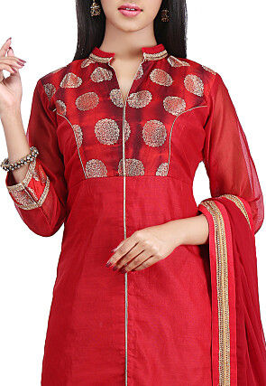 Plain Chanderi Cotton Straight Suit in Red