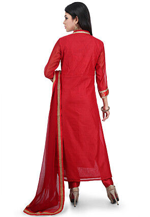 Plain Chanderi Cotton Straight Suit in Red