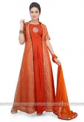 Printed Cotton Jacket Abaya Style Suit in Orange