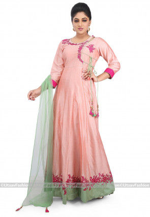 Embroidered Cotton Silk Abaya Style Suit in Peach
