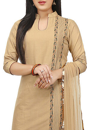 Plain Cotton Silk Straight Suit in Beige 
