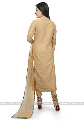 Plain Cotton Silk Straight Suit in Beige 