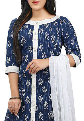 Dabu Printed Cotton A Line Suit in Indigo