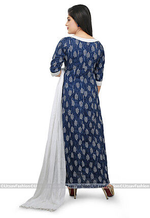 Dabu Printed Cotton A Line Suit in Indigo