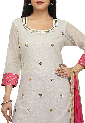 Embroidered Chanderi Cotton Straight Suit in Off White