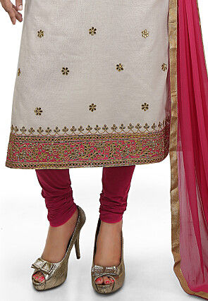 Embroidered Chanderi Cotton Straight Suit in Off White