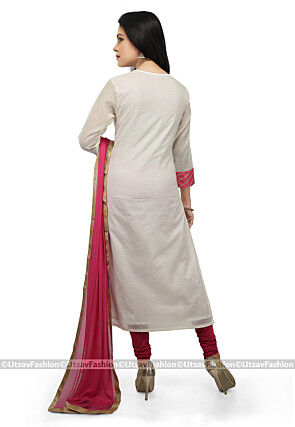 Embroidered Chanderi Cotton Straight Suit in Off White
