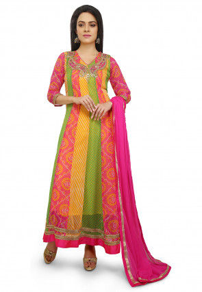 Embroidered Georgette Abaya Style Suit in Multicolor