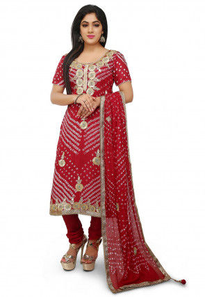 Embroidered Art Silk Straight Cut Suit in Maroon