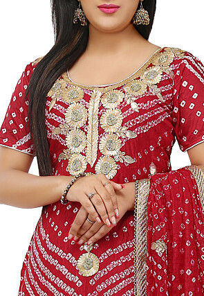 Embroidered Art Silk Straight Cut Suit in Maroon