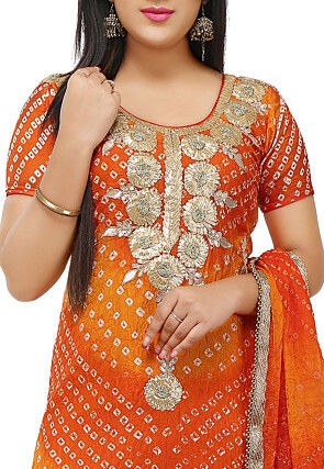 Embroidered Art Silk Straight Cut Suit in Orange