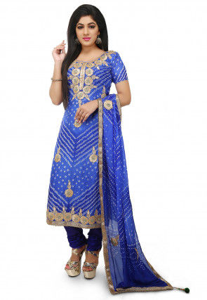 Embroidered Art Silk Straight Cut Suit in Dark Blue