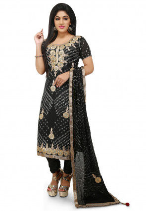 Embroidered Art Silk Straight Cut Suit in Black