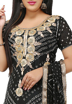 Embroidered Art Silk Straight Cut Suit in Black