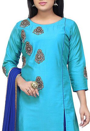 Embroidered Cotton Silk A Line Suit in Turquoise