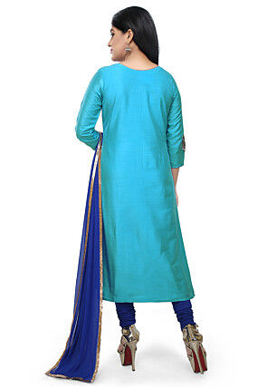 Embroidered Cotton Silk A Line Suit in Turquoise