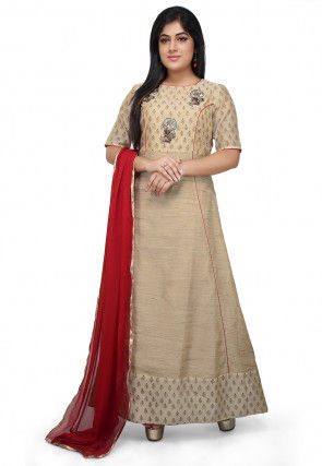 Embroidered Cotton Silk Abaya Style Suit in Beige