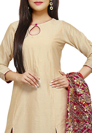 Hand Embroidered Cotton Silk Straight Suit in Beige