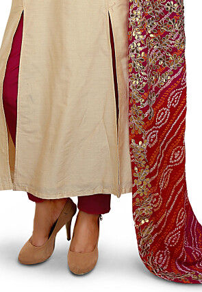 Hand Embroidered Cotton Silk Straight Suit in Beige