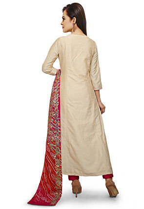 Hand Embroidered Cotton Silk Straight Suit in Beige
