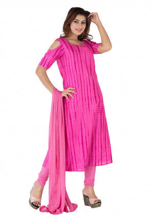 Tie Dyed Pure Silk A Line Suit in Fuchsia