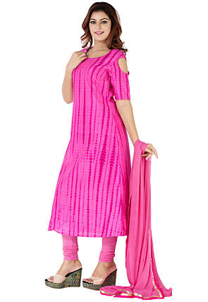 Tie Dyed Pure Silk A Line Suit in Fuchsia