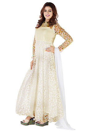 Woven Georgette Brasso Abaya Style Suit in Off White